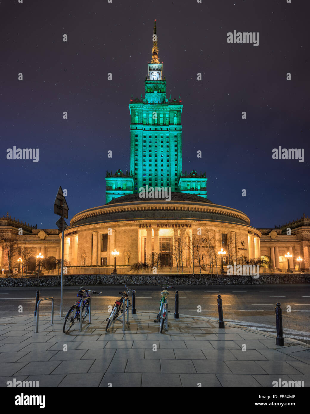 Night view of Warsaw culture and science palace and Congress Hall Stock Photo