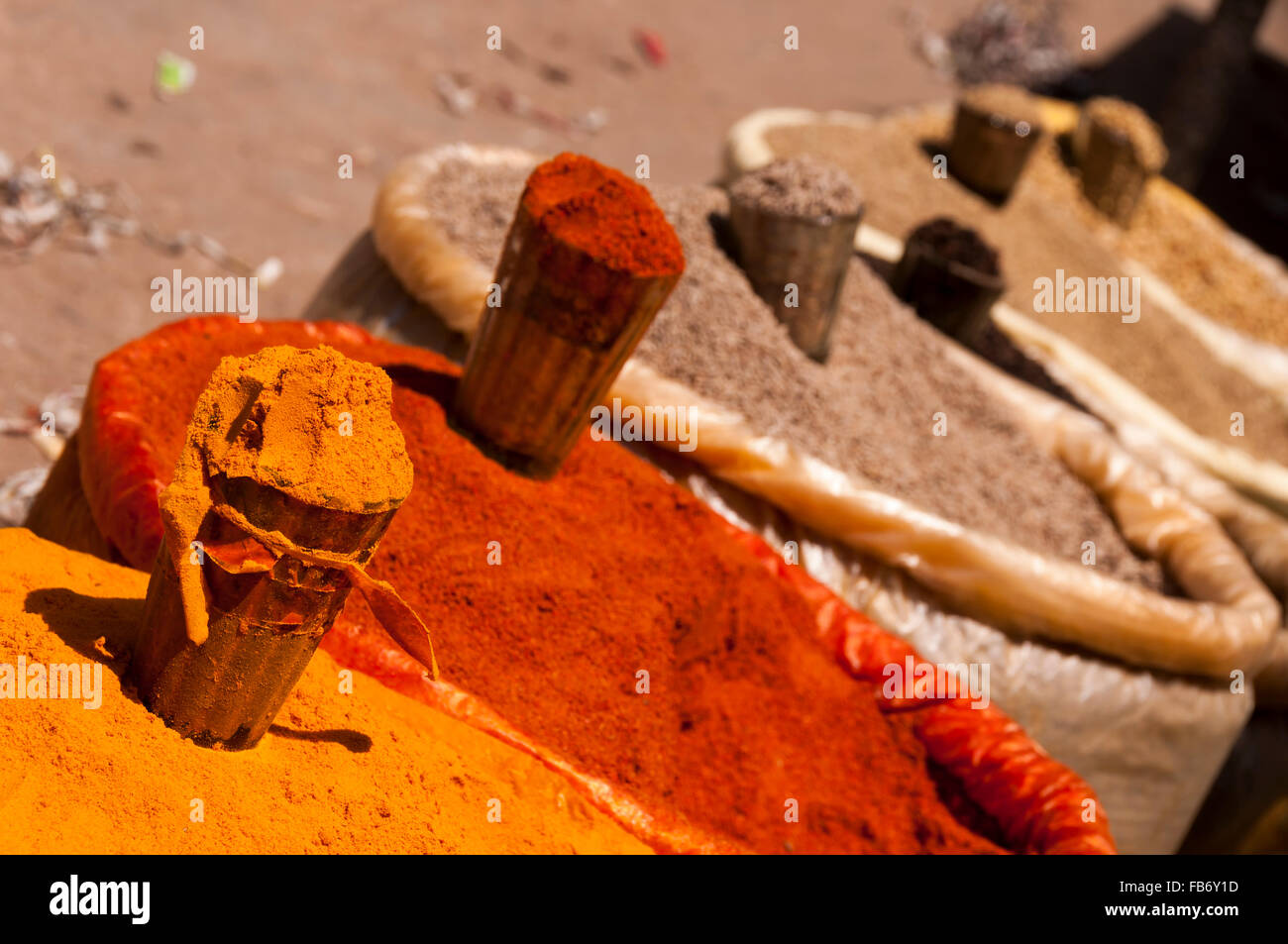 Colorful spices at indian market Stock Photo