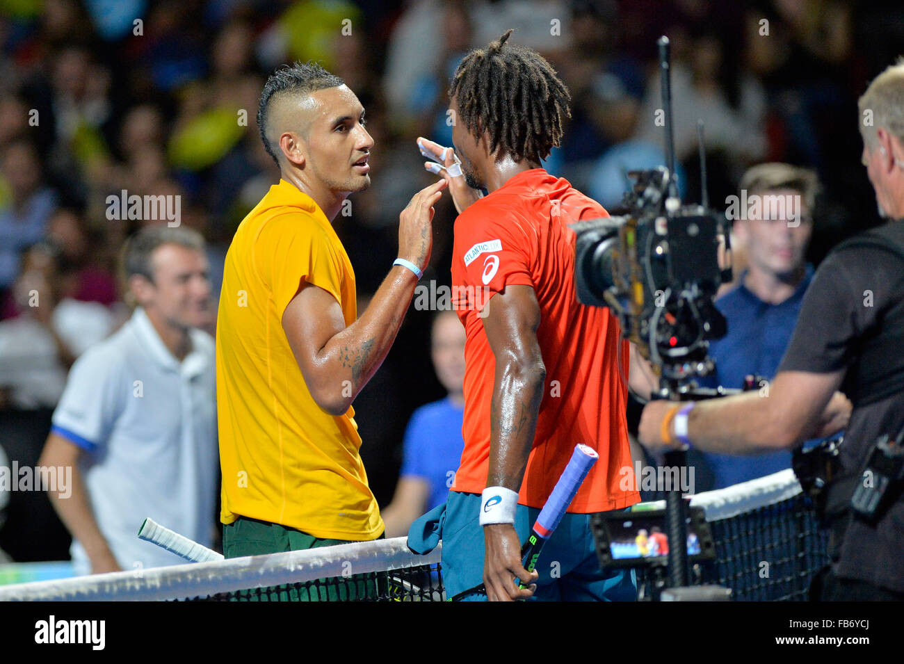 Sydney, Australia. 11th January, 2016. Gael Monfils (FRA) and Nick Kyrgios  (AUS) during the FAST4 tennis exhbition matches at Allphones Arena. Credit:  Action Plus Sports Images/Alamy Live News Stock Photo - Alamy