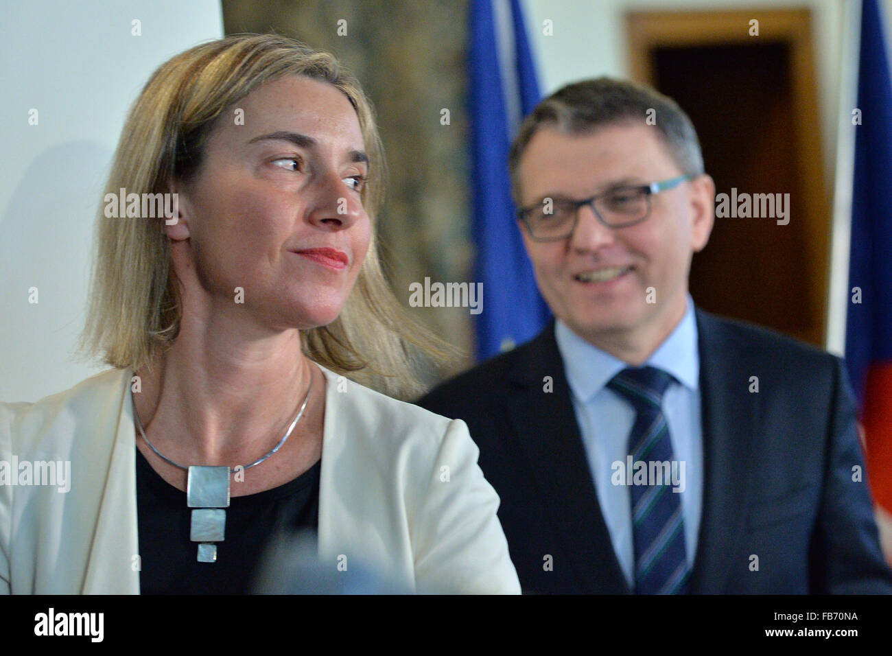 Prague, Czech Republic. 11th Jan, 2016. Czech Foreign Minister Lubomir Zaoralek, right, holds a press conference with European Union foreign policy chief Federica Mogherini, left, in Prague, Czech Republic, Monday, Jan. 11, 2016. © Michal Dolezal/CTK Photo/Alamy Live News Stock Photo