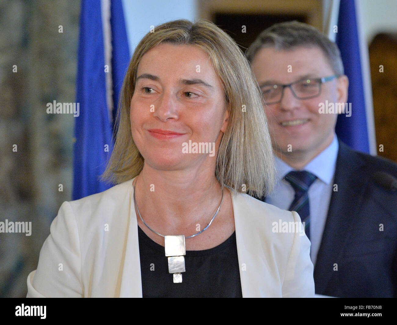 Prague, Czech Republic. 11th Jan, 2016. Czech Foreign Minister Lubomir Zaoralek, right, holds a press conference with European Union foreign policy chief Federica Mogherini, left, in Prague, Czech Republic, Monday, Jan. 11, 2016. © Michal Dolezal/CTK Photo/Alamy Live News Stock Photo