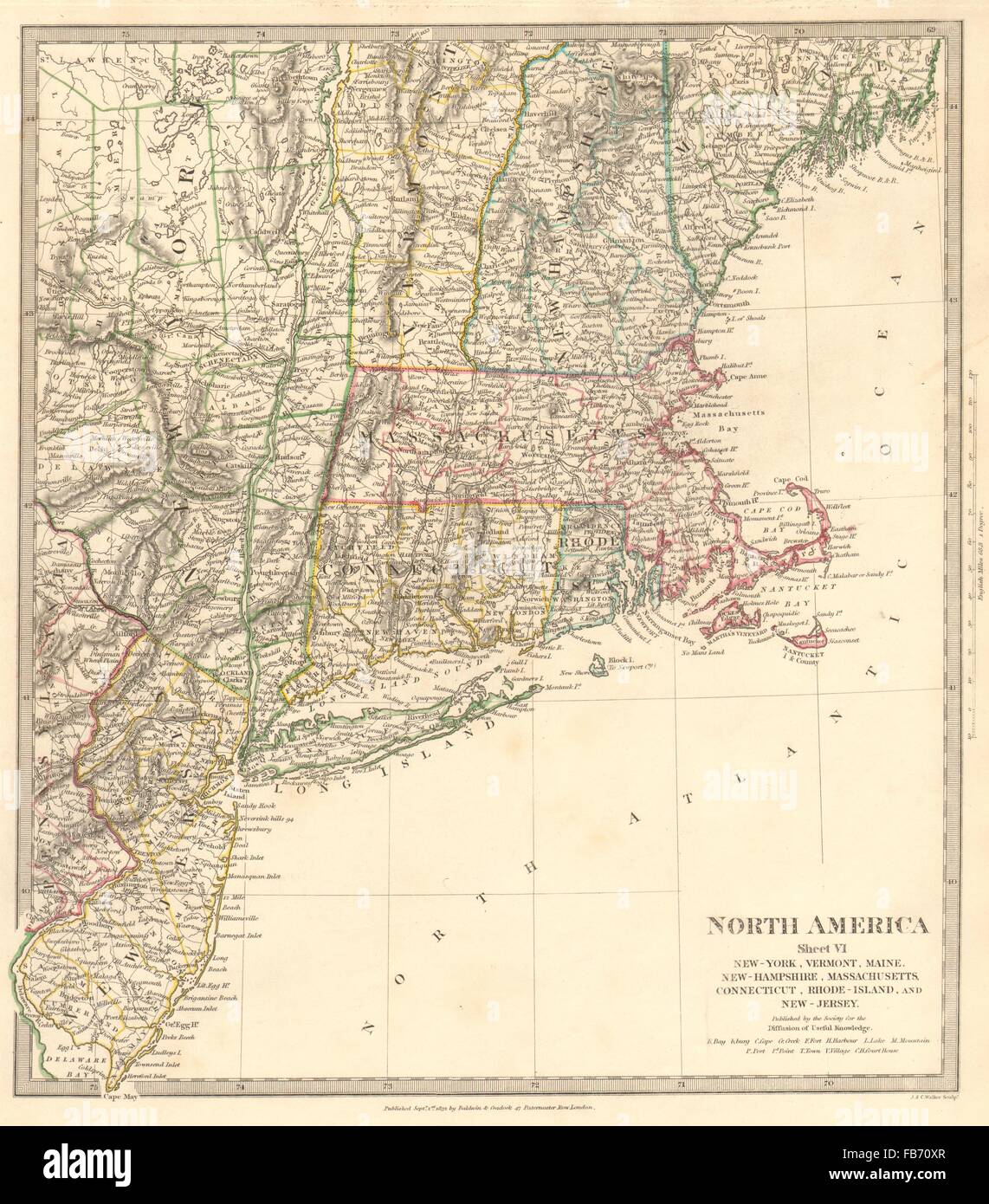 USA:New York Maine Massachusetts Connecticut New Jersey NH RI VT.SDUK, 1848 map Stock Photo