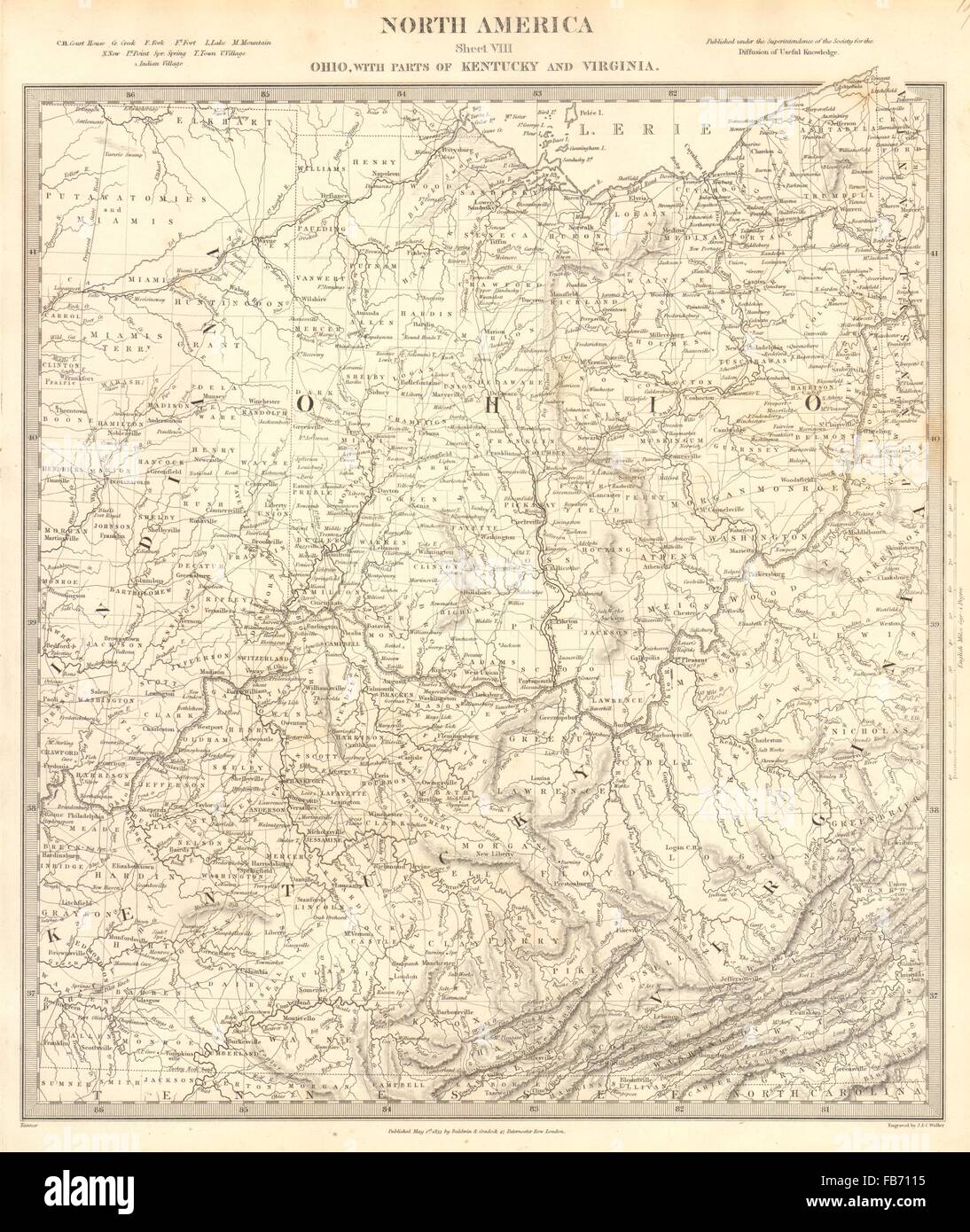 USA: Ohio with parts of Kentucky, Virginia & Indiana. Counties. SDUK, 1848 map Stock Photo