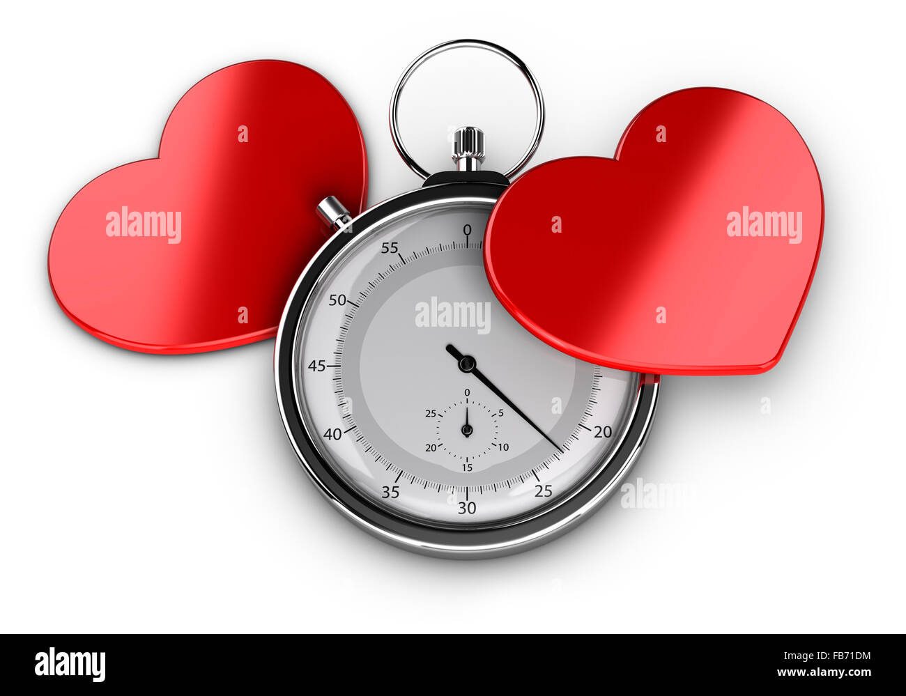 Speed dating concept or love at first sight symbol, Two hearts with a chronometer over white background Stock Photo