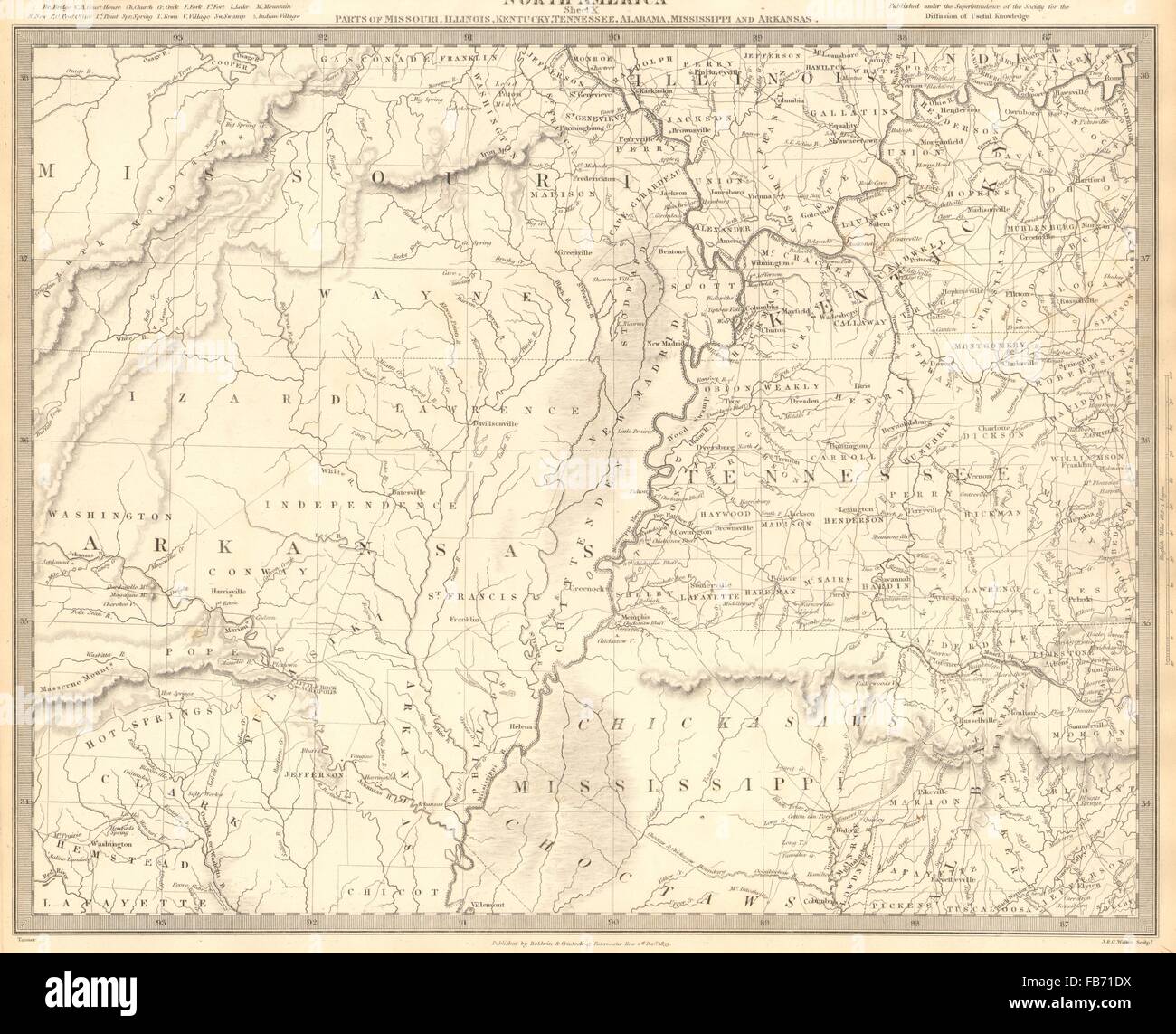 USA: AR MO TN MS IL IN KY AL. Choctaw Chickasaw boundaries. SDUK, 1848 old map Stock Photo