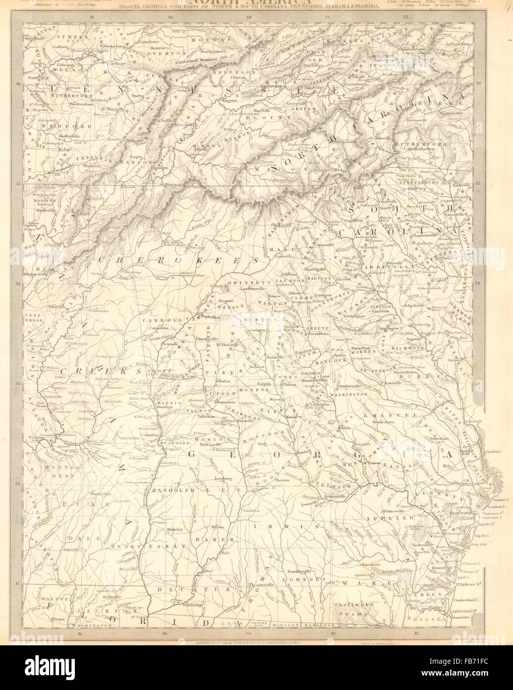 USA: Alabama Georgia Cherokee & Muscogee villages. TN NC SC FL. SDUK, 1848 map Stock Photo