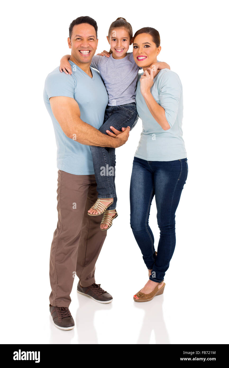 full length portrait of happy young family isolated on white Stock Photo