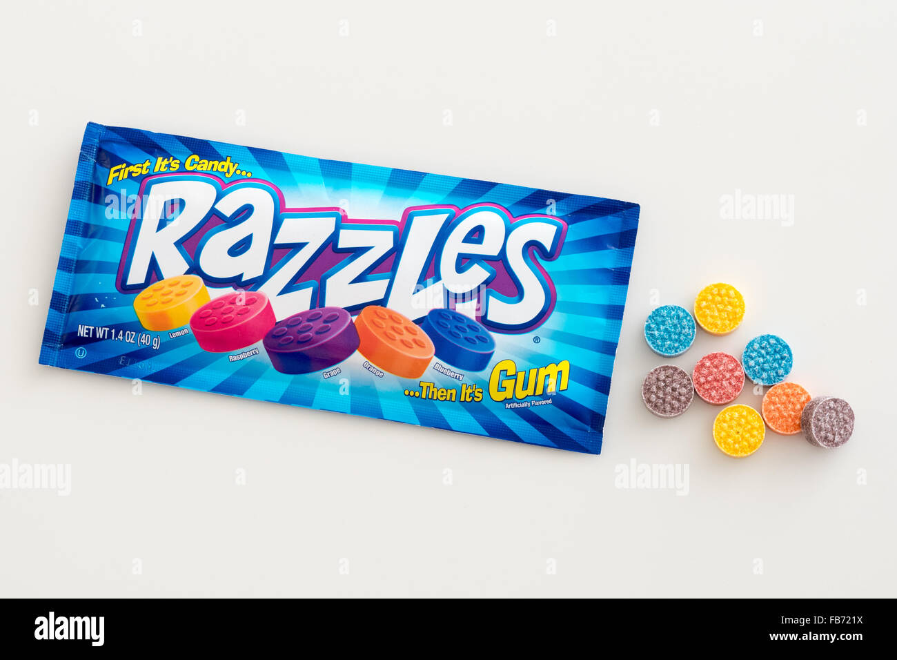 A packet of Razzles, a candy that once chewed, mixes to transform into