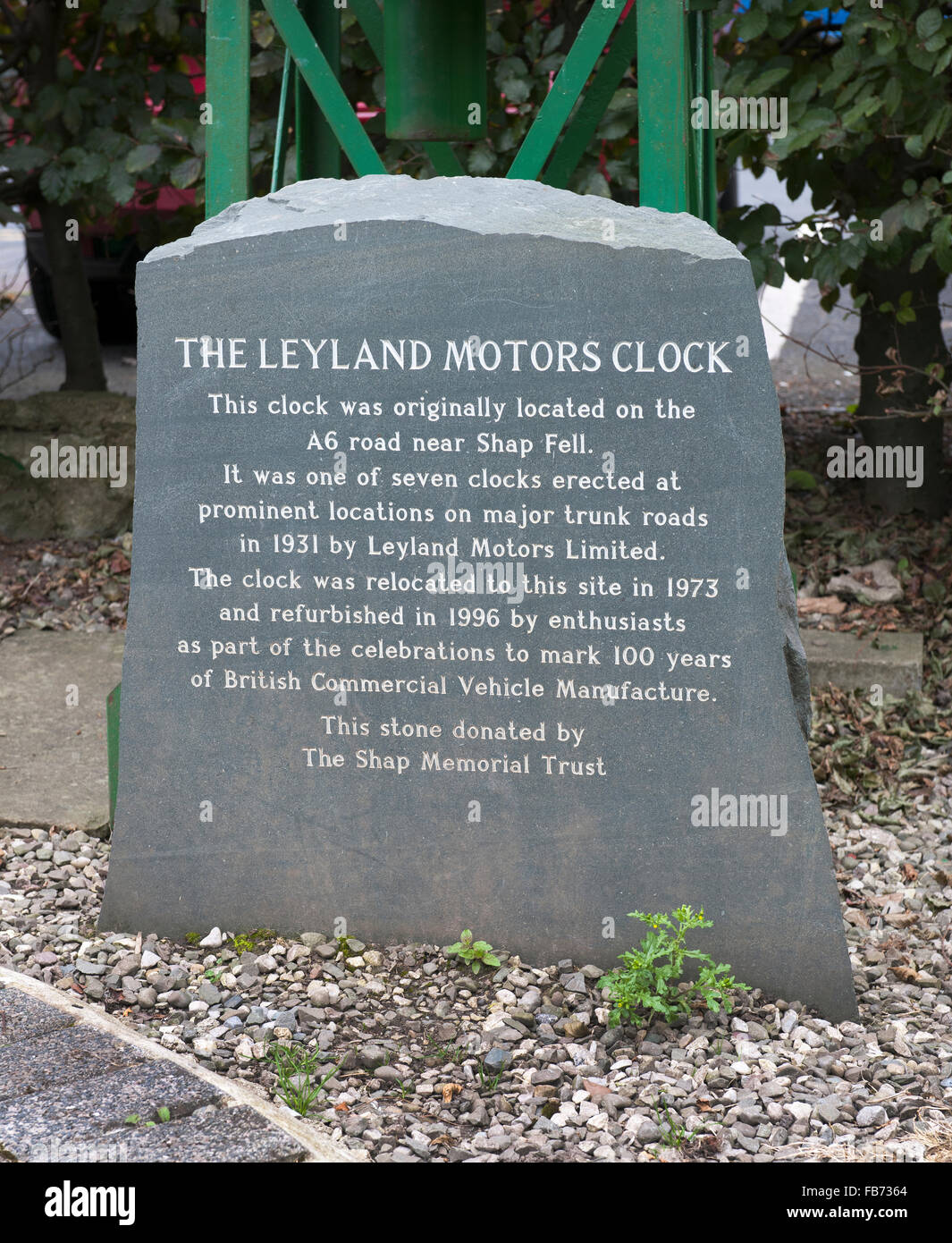 The Leyland Motors Clock information stone, Brewery Arts Centre, Highgate, Kendal, Cumbria, England, UK. Stock Photo