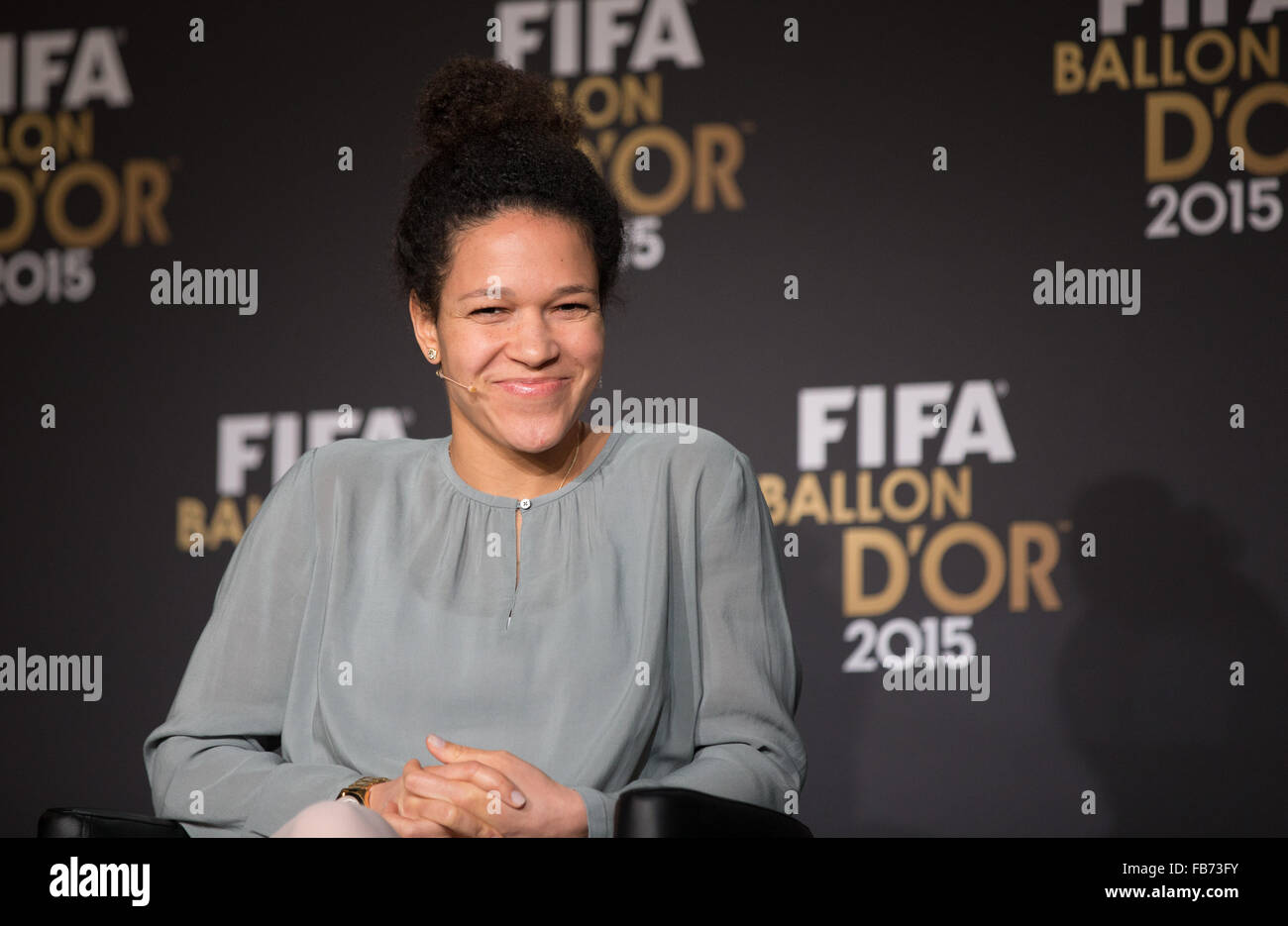 (160111) -- ZURICH, Jan. 11, 2016 (Xinhua) -- FFC Francfort's Celia Saslic of Germany, nominee for the 2015 FIFA World Women's Player of the Year attends a news conference prior to the 2015 FIFA Ballon d'Or award ceremony in Zurich, Switzerland, on Jan. 11, 2016. (Xinhua/Xu Jinquan) Stock Photo