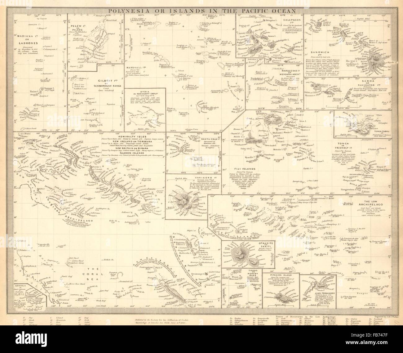 PACIFIC ISLANDS: Polynesia Hawaii Samoa Fiji Tonga Tahiti Cook. SDUK, 1848 map Stock Photo