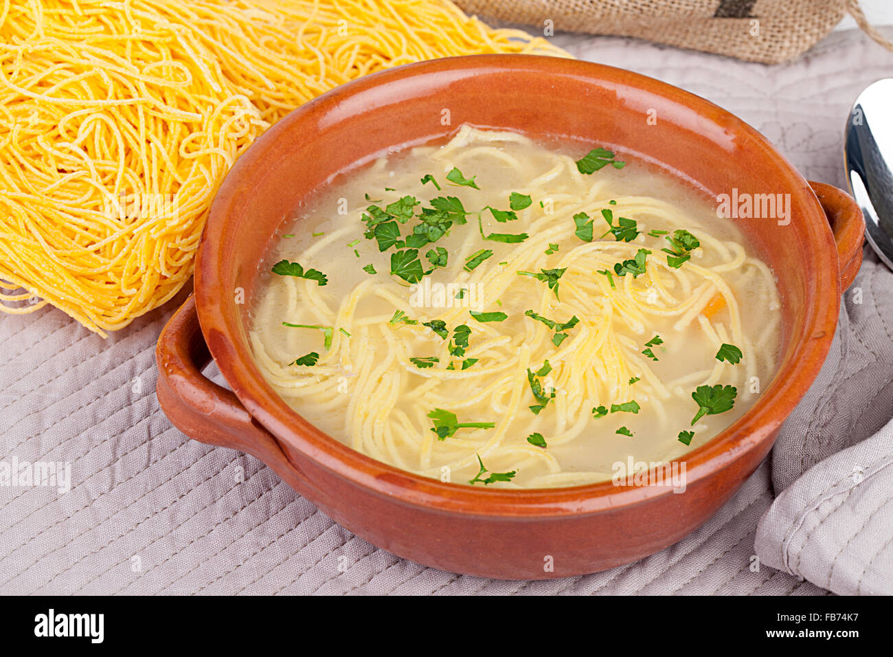 Bowl With Chicken Soup And Noodles Stock Photo