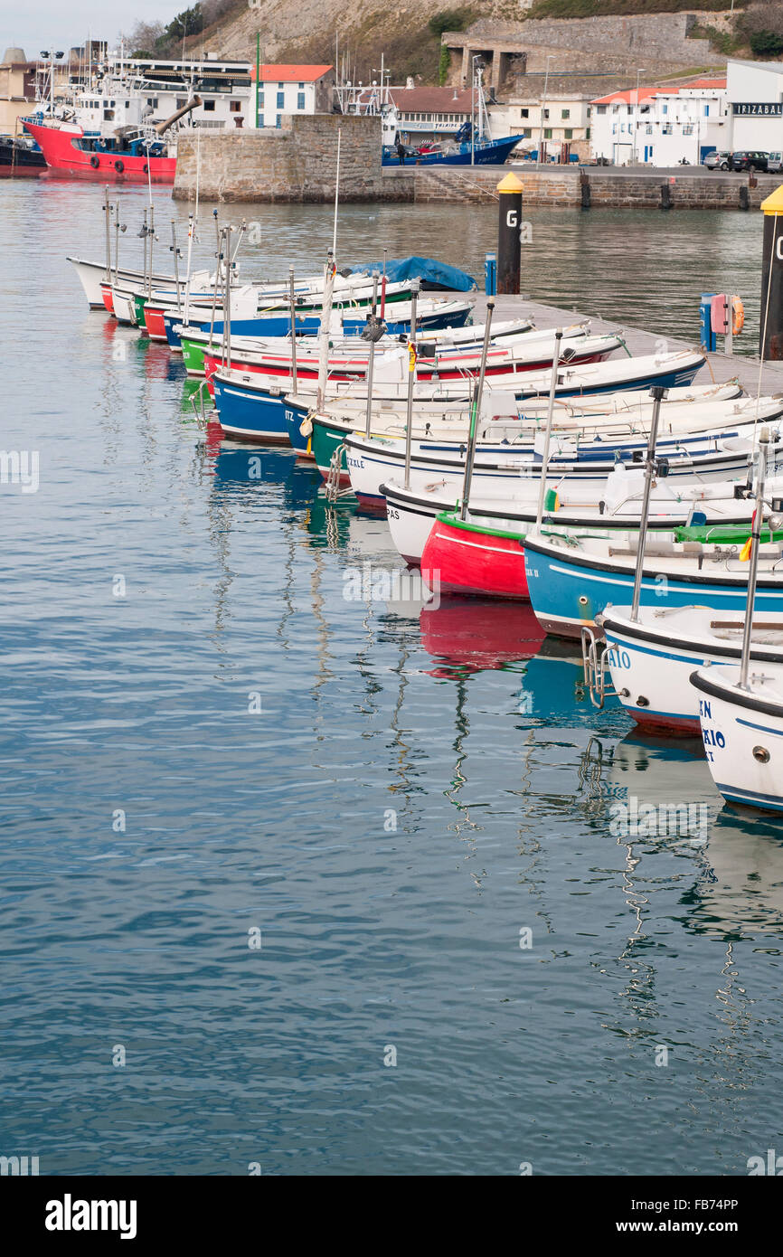 Vertical scene of Getaria port with old fishermans boats. Basque Country. Spain. Stock Photo