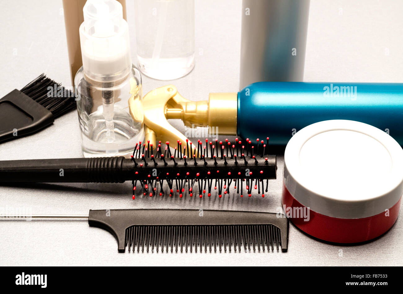 gel, hairbrush and balms for hair dressing Stock Photo Alamy
