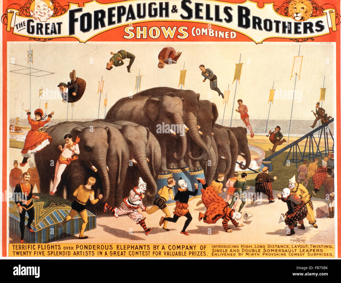The Great Forepaugh and Sells Brothers Shows Combined, Terrific Flights over Ponderous Elephants by a Company of Twenty Five Artists, Circus Poster, circa 1899 Stock Photo