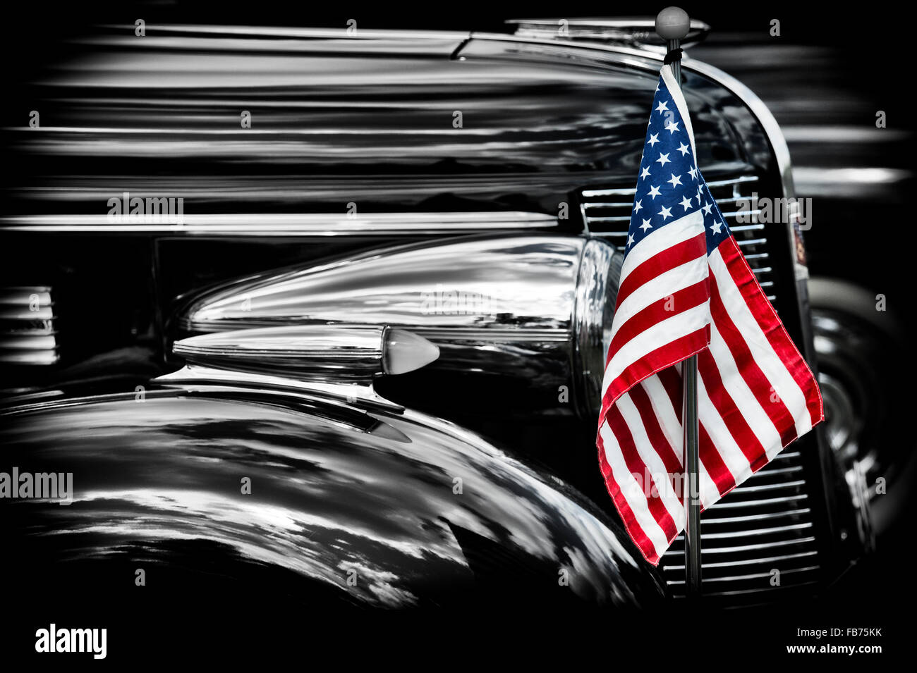 1937 Buick eight front end. Classic American car. Black and white image with spot coloured american flag Stock Photo