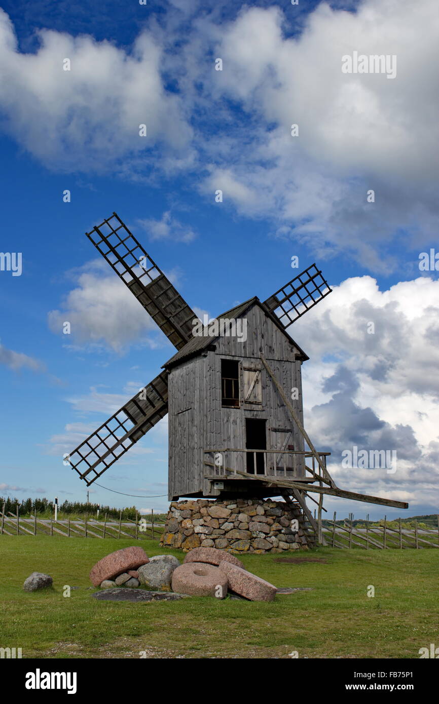 old wooden estonian wind mill on island Saaremaa, Estonia Stock Photo