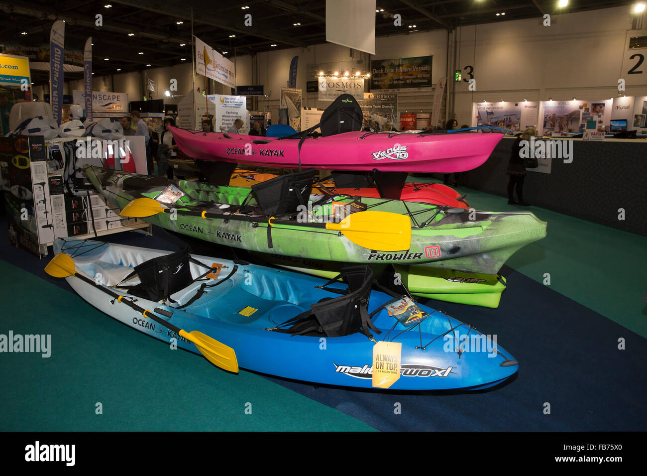 London, UK. 11th January, 2016. Kayaks for sale at the 62nd annual London Boat Show which continues at ExCel. Credit:  Keith Larby/Alamy Live News Stock Photo