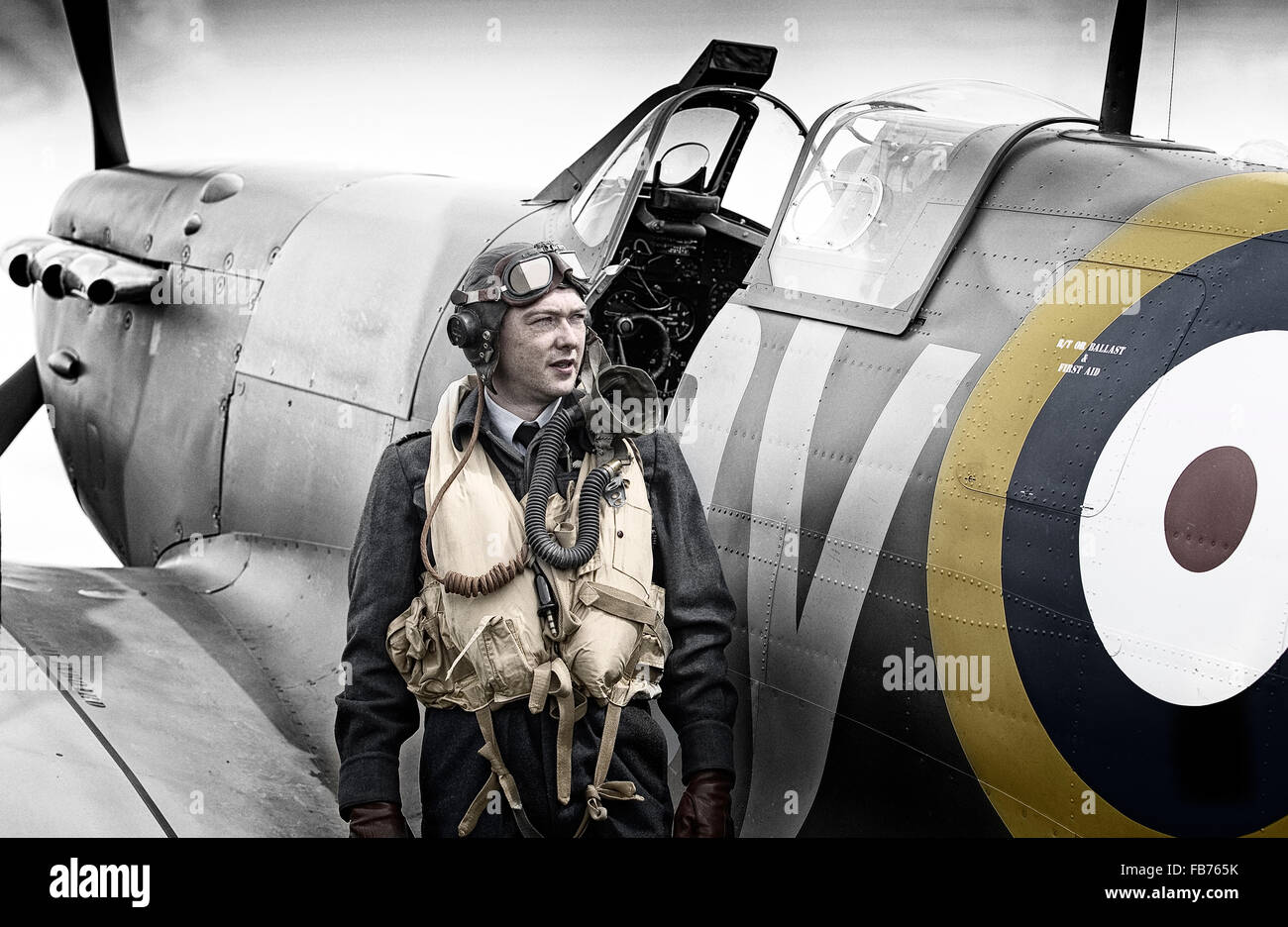 RAF WW2 Pilot with Spitfire Stock Photo