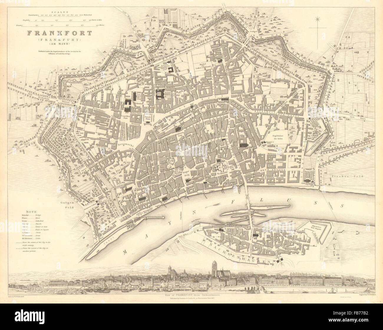 FRANKFURT AM MAIN: Antique town city map plan. Panorama.am Mayn. SDUK, 1848 Stock Photo