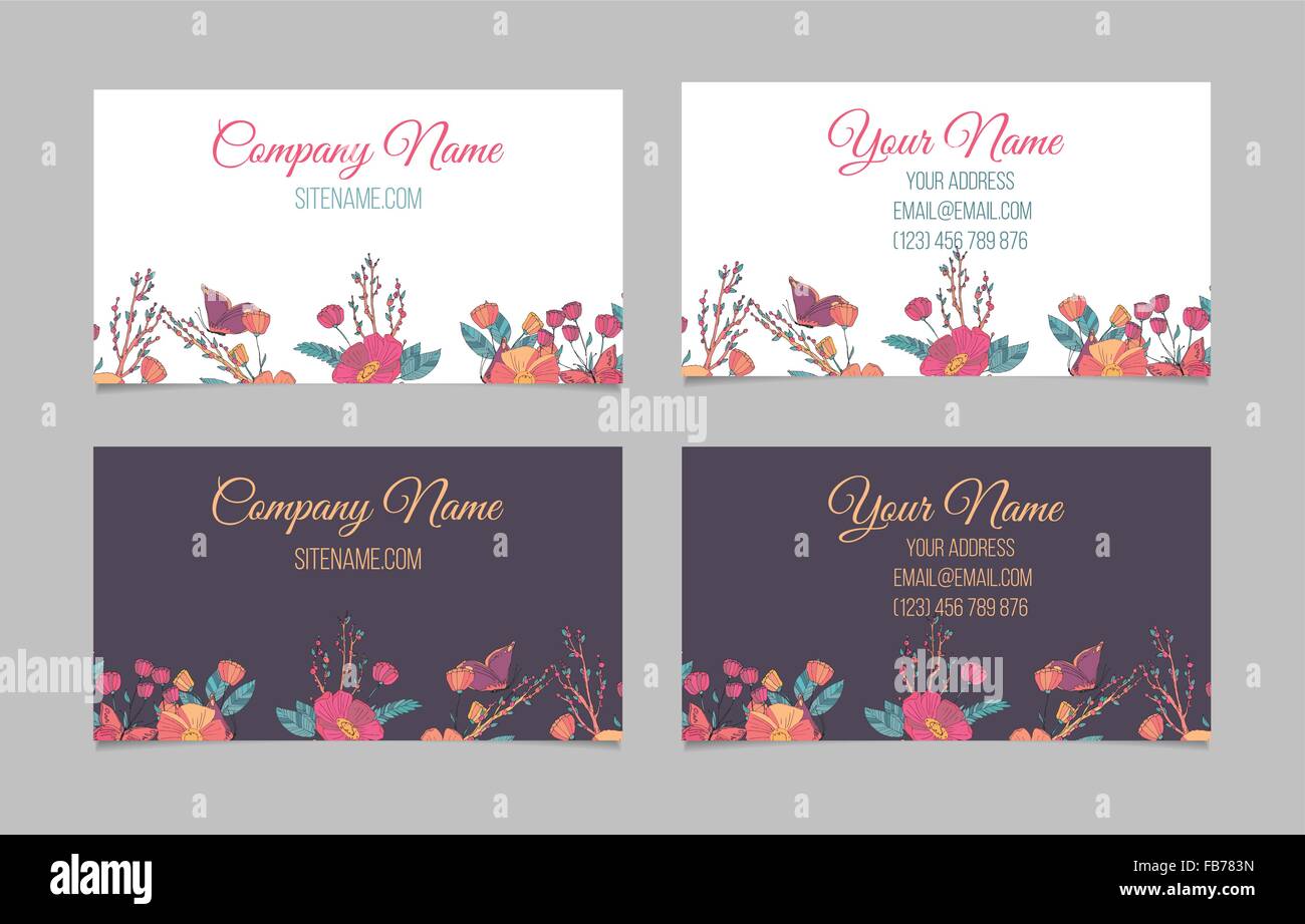 Set of two double-sided floral business cards Stock Vector