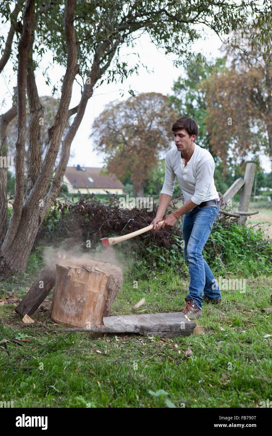 Man cutting firewood with axe Stock Photo Alamy