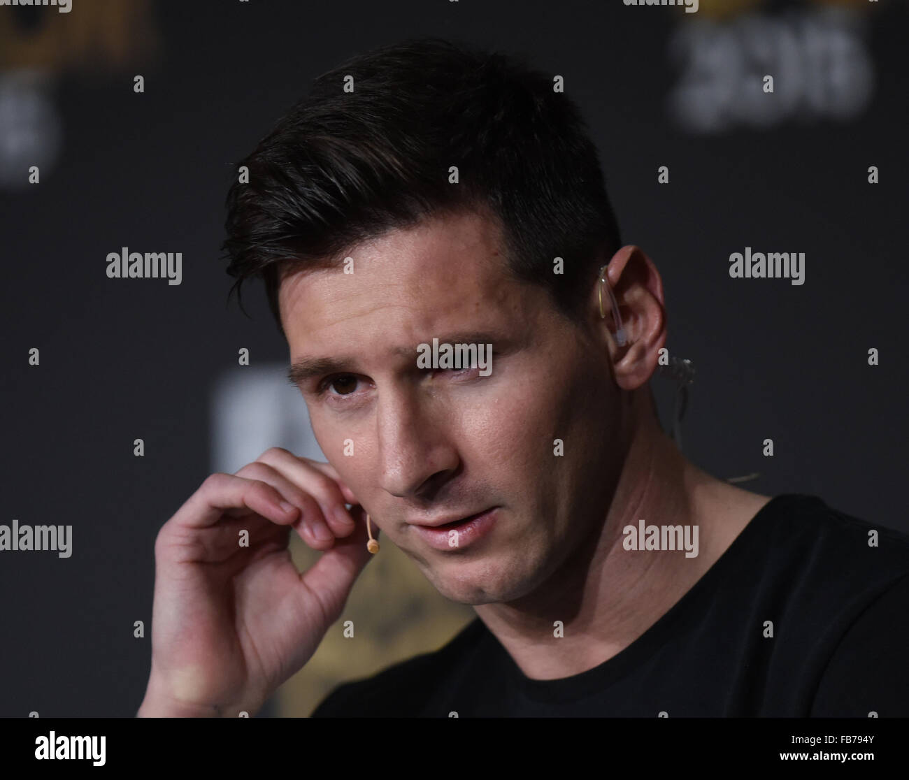 FC Barcelona's Lionel Messi of Argentina, nominee for the FIFA Men's World Player of the Year Award, attends a press conference of the FIFA Ballon d'Or Gala 2015 held at the Kongresshaus in Zurich, Switzerland, 11 January 2016 . Photo: Patrick Seeger/dpa Stock Photo