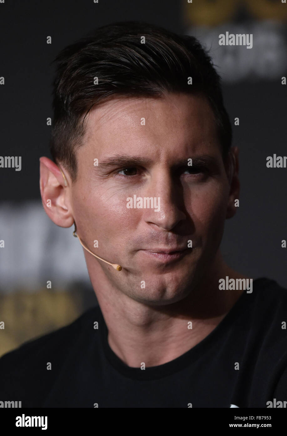 FC Barcelona's Lionel Messi of Argentina, nominee for the FIFA Men's World Player of the Year Award, attends a press conference of the FIFA Ballon d'Or Gala 2015 held at the Kongresshaus in Zurich, Switzerland, 11 January 2016 . Photo: Patrick Seeger/dpa Stock Photo