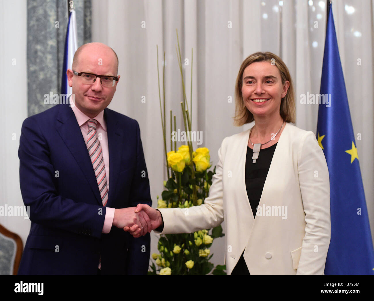 Czech Prime Minister Bohuslav Sobotka (left) receives EU High Representative for Foreign Affairs and Security Policy Federica Mogherini (right) in Prague, Czech Republic, January 11, 2016. (CTK Photo/Roman Vondrous) Stock Photo
