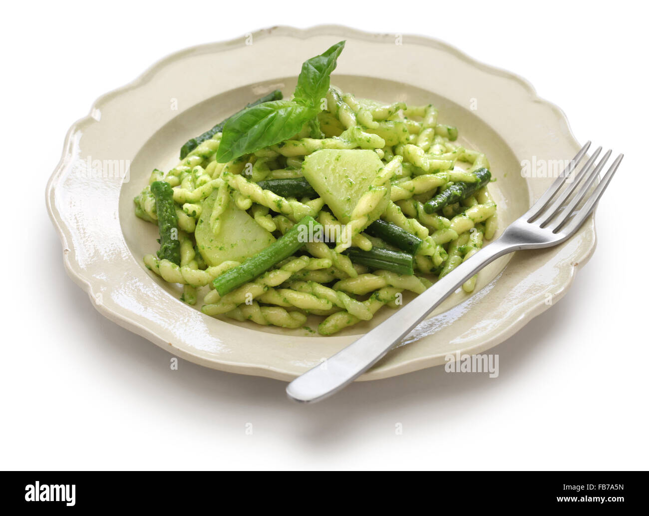 trofie pasta with pesto, green beans and potatoes, italian cuisine Stock Photo