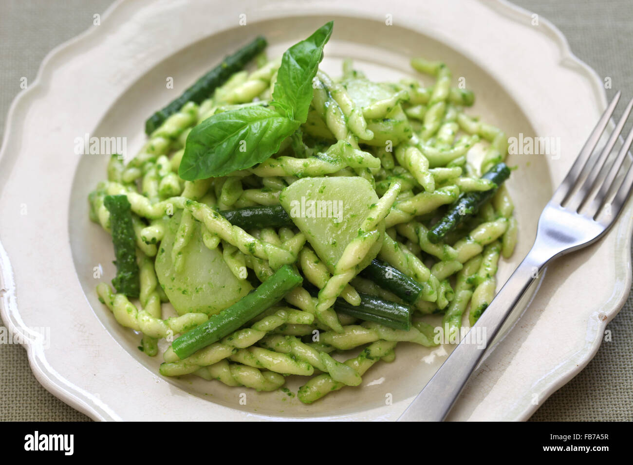 trofie pasta with pesto, green beans and potatoes, italian cuisine Stock Photo