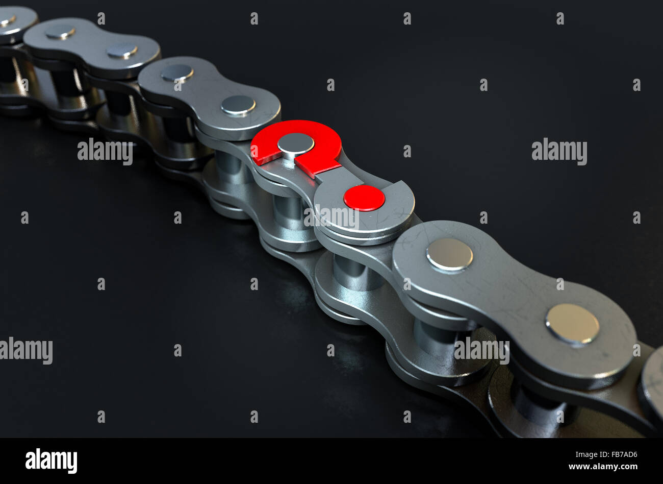 A regular bicycle chain with a question mark as its master link on a dark isolated background Stock Photo