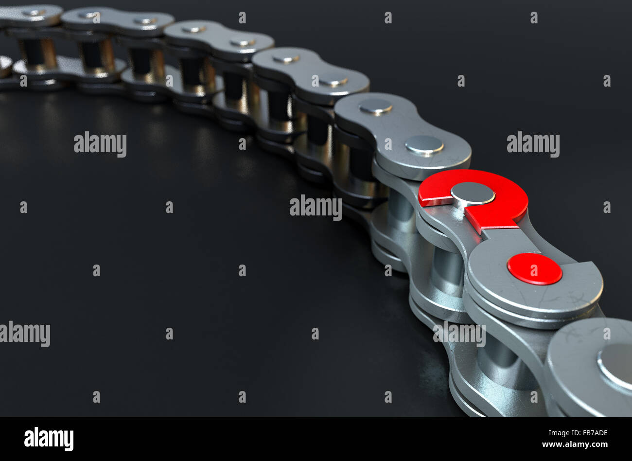 A regular bicycle chain with a question mark as its master link on a dark isolated background Stock Photo