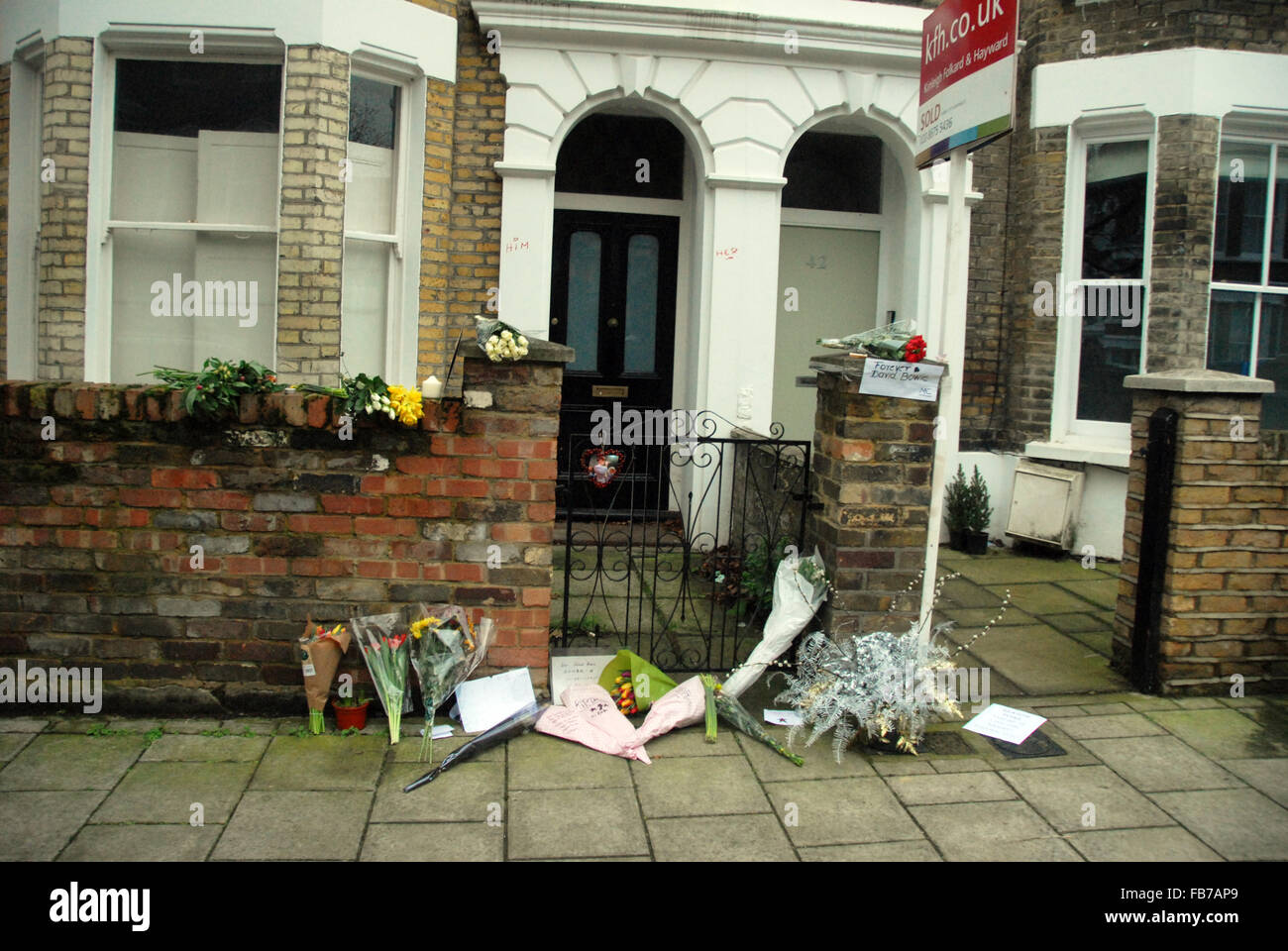 London, UK, 11 January 2016, Flowers left at the house in Brixton in