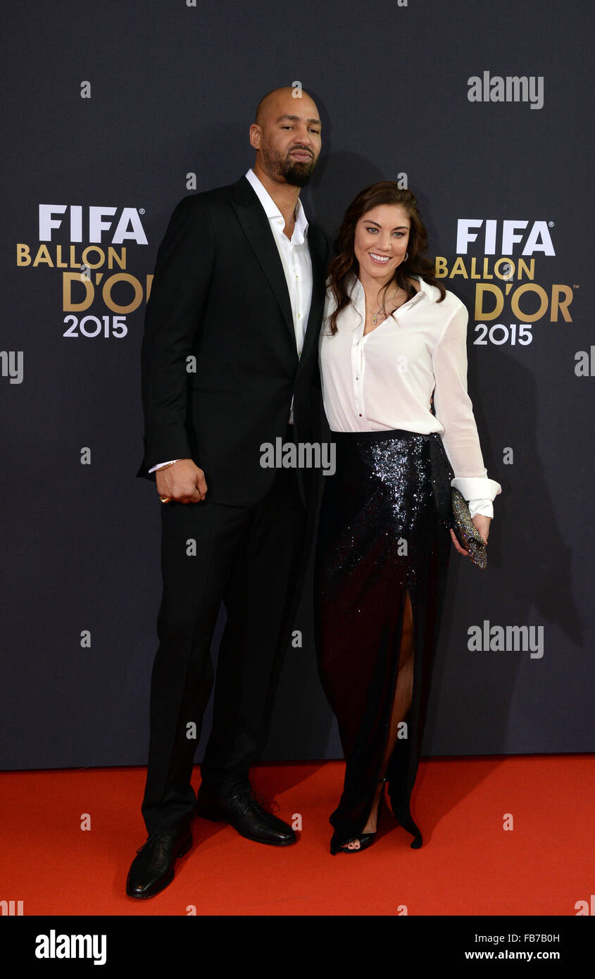 Zurich, Switzerland. 11th Jan, 2016. Hope Amelia Stevens, commonly known by her maiden name, Hope Solo, and her husband Jerramy Stevens arrive for the FIFA Ballon d'Or Gala 2015 held at the Kongresshaus in Zurich, Switzerland, 11 January 2016. Photo: Patrick Seeger/dpa/Alamy Live News Stock Photo