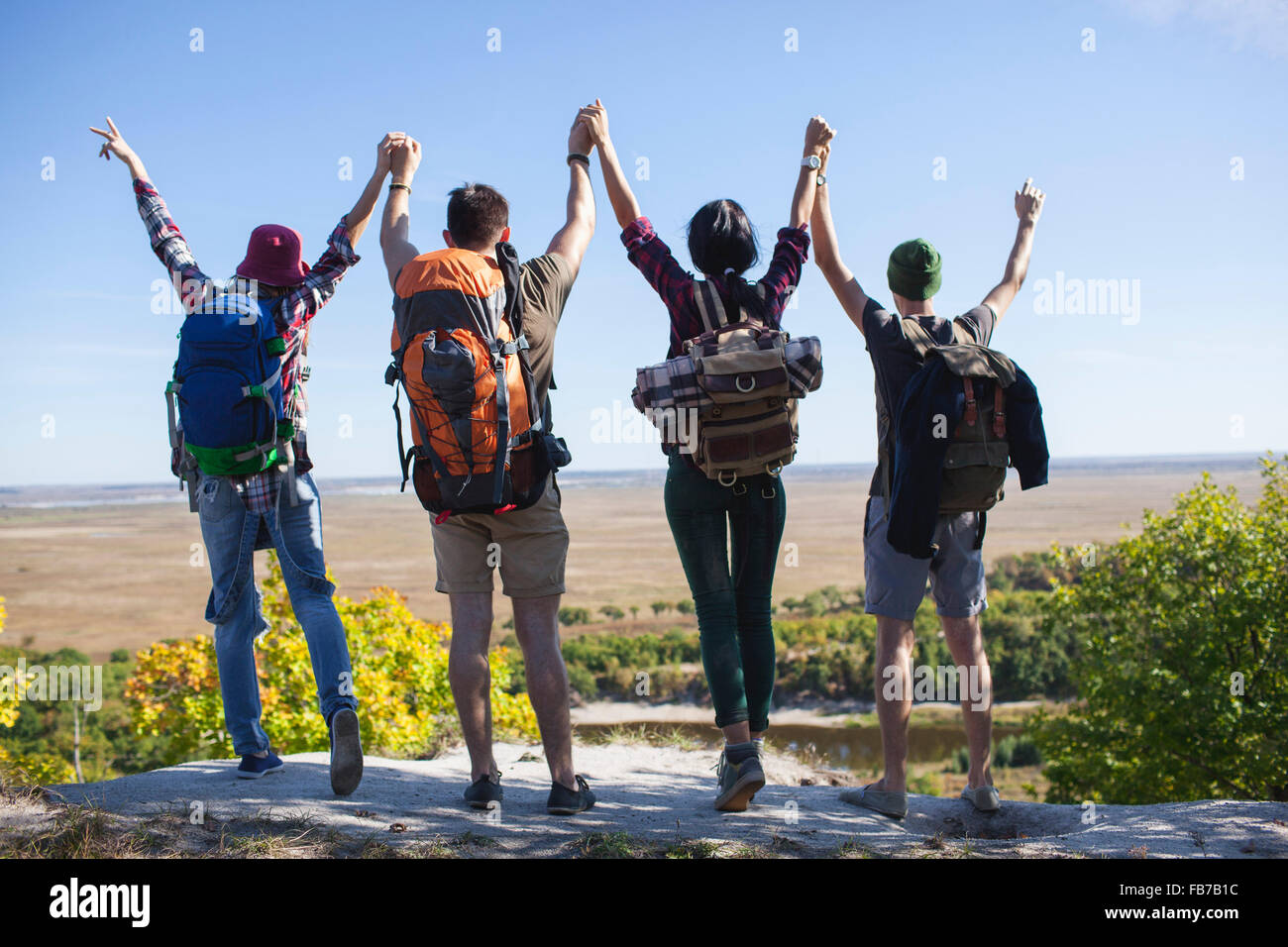 Rear view of young friends with arms raised standing on rock in forest Stock Photo