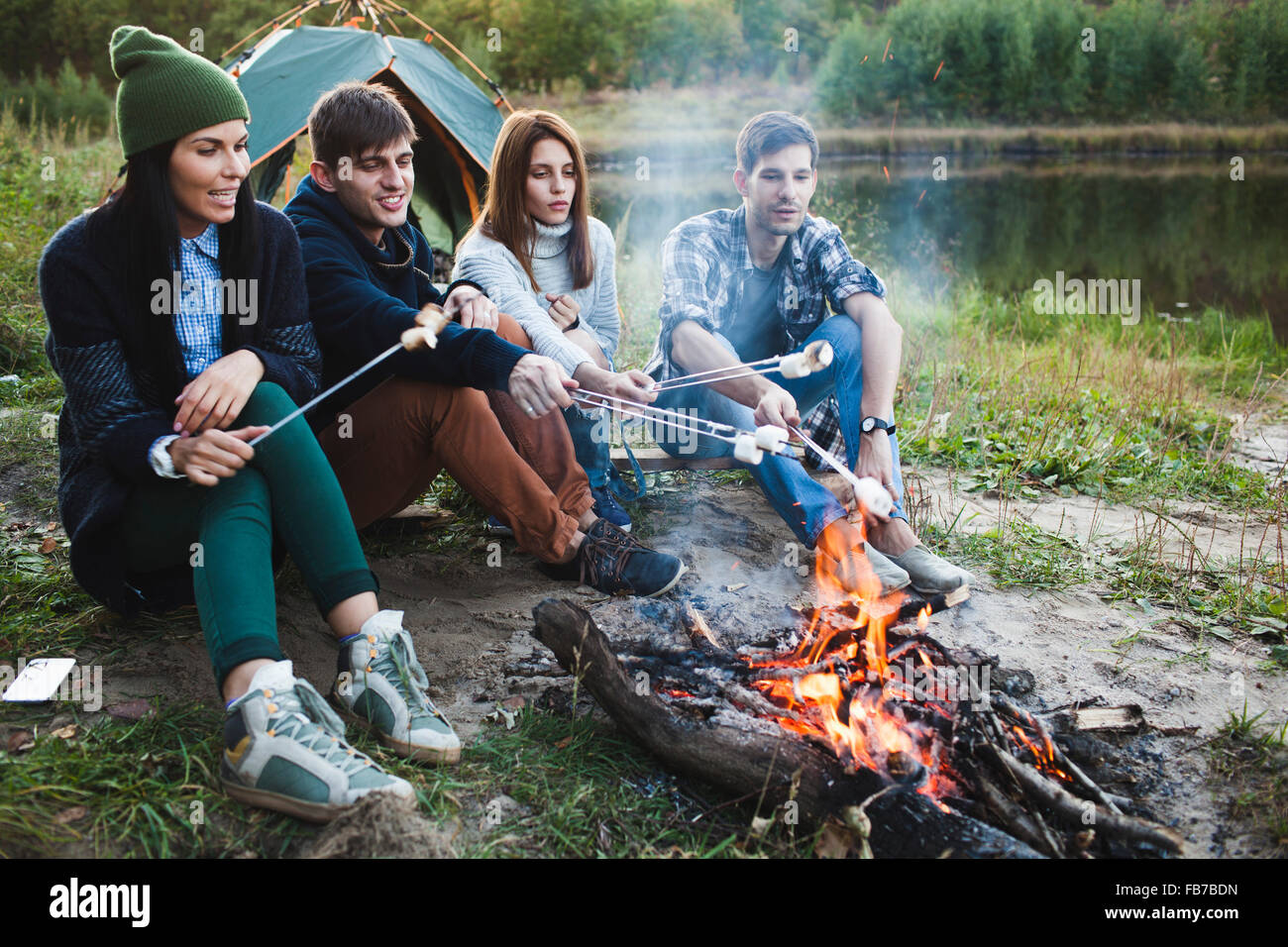 Friends roasting marshmallows in forest Stock Photo