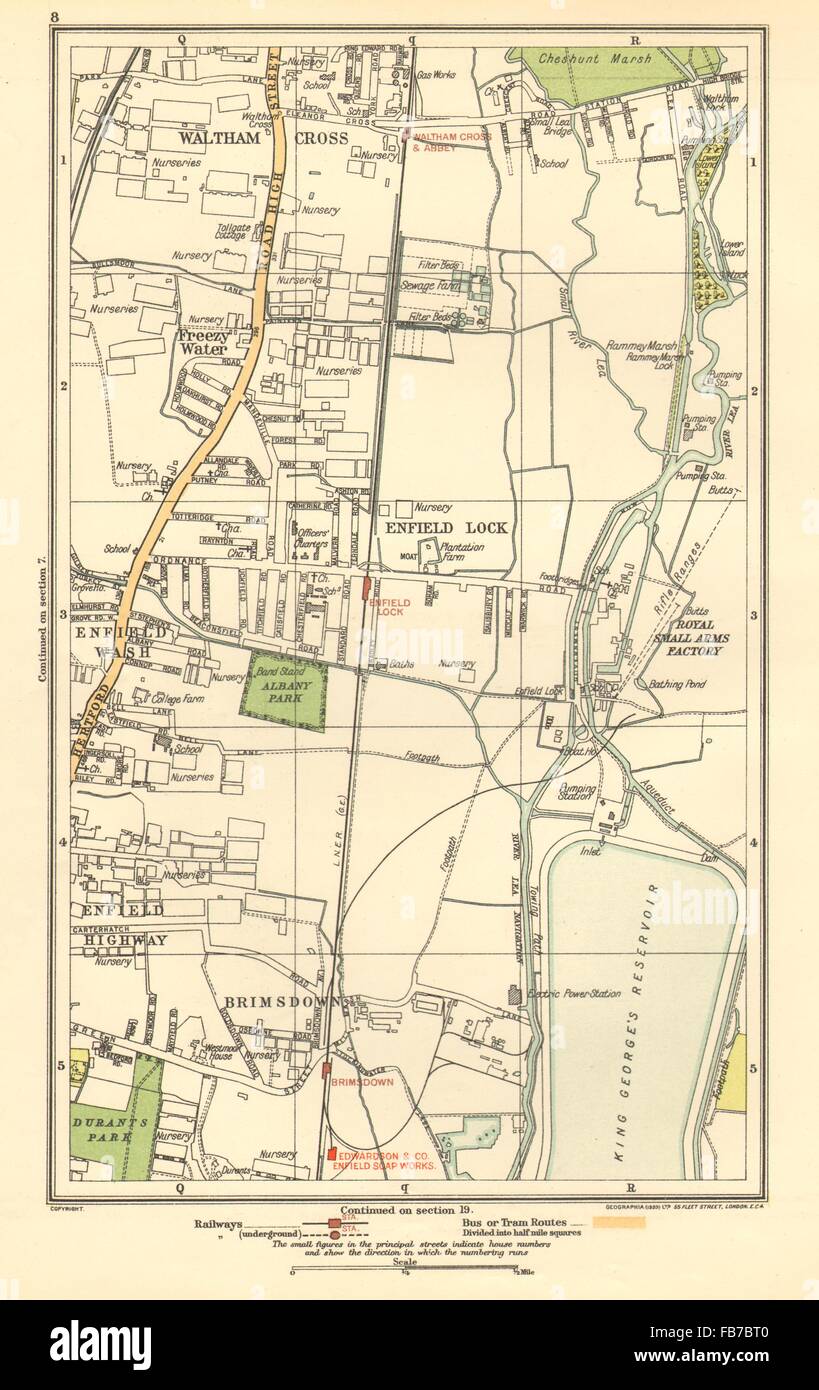 ENFIELD: Lock, Wash, Highway; Waltham Cross, Brimsdown, Freezy Water, 1923 map Stock Photo