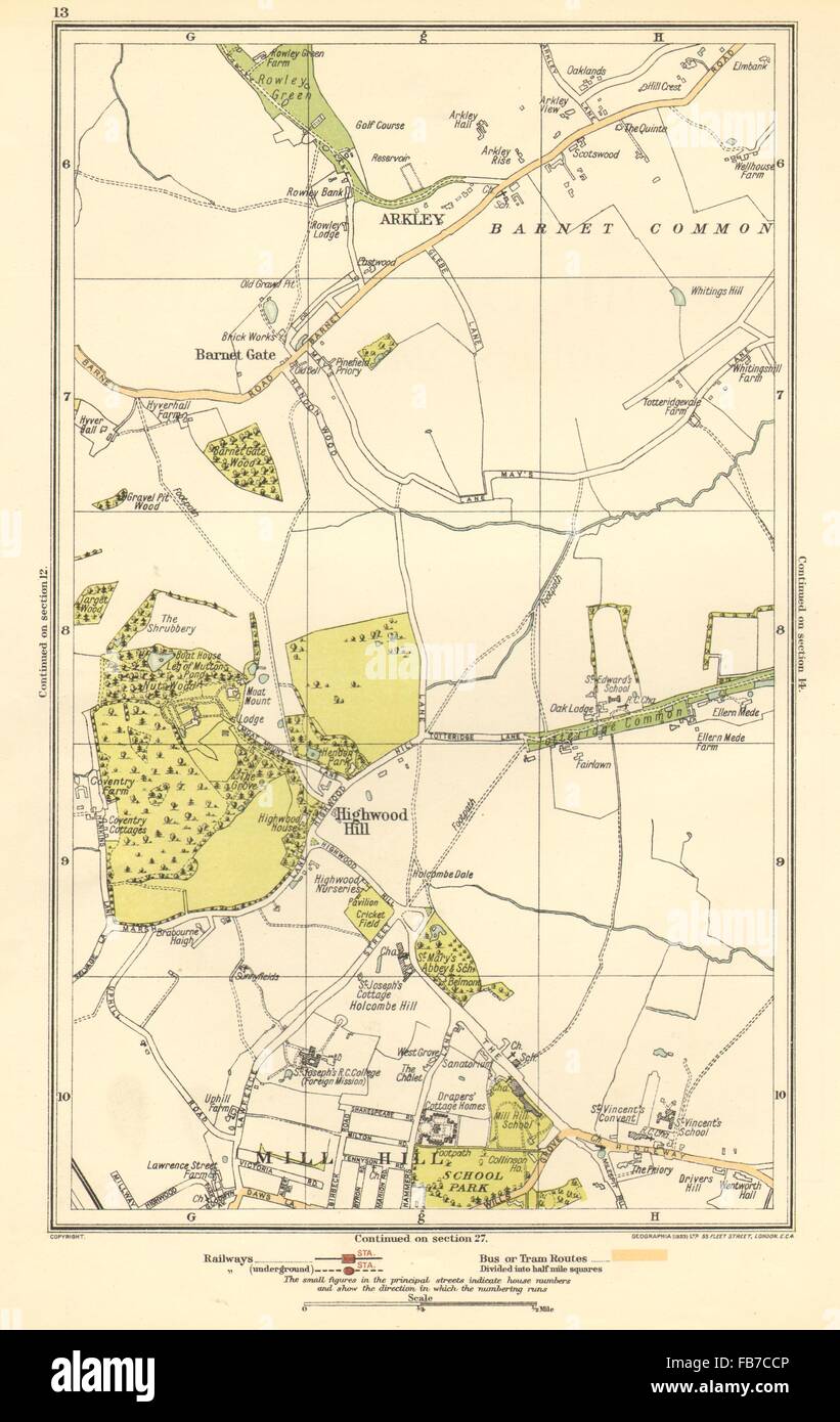 LONDON: Arkley, Barnet Gate, Highwood Hill, Mill Hill, 1923 vintage map Stock Photo