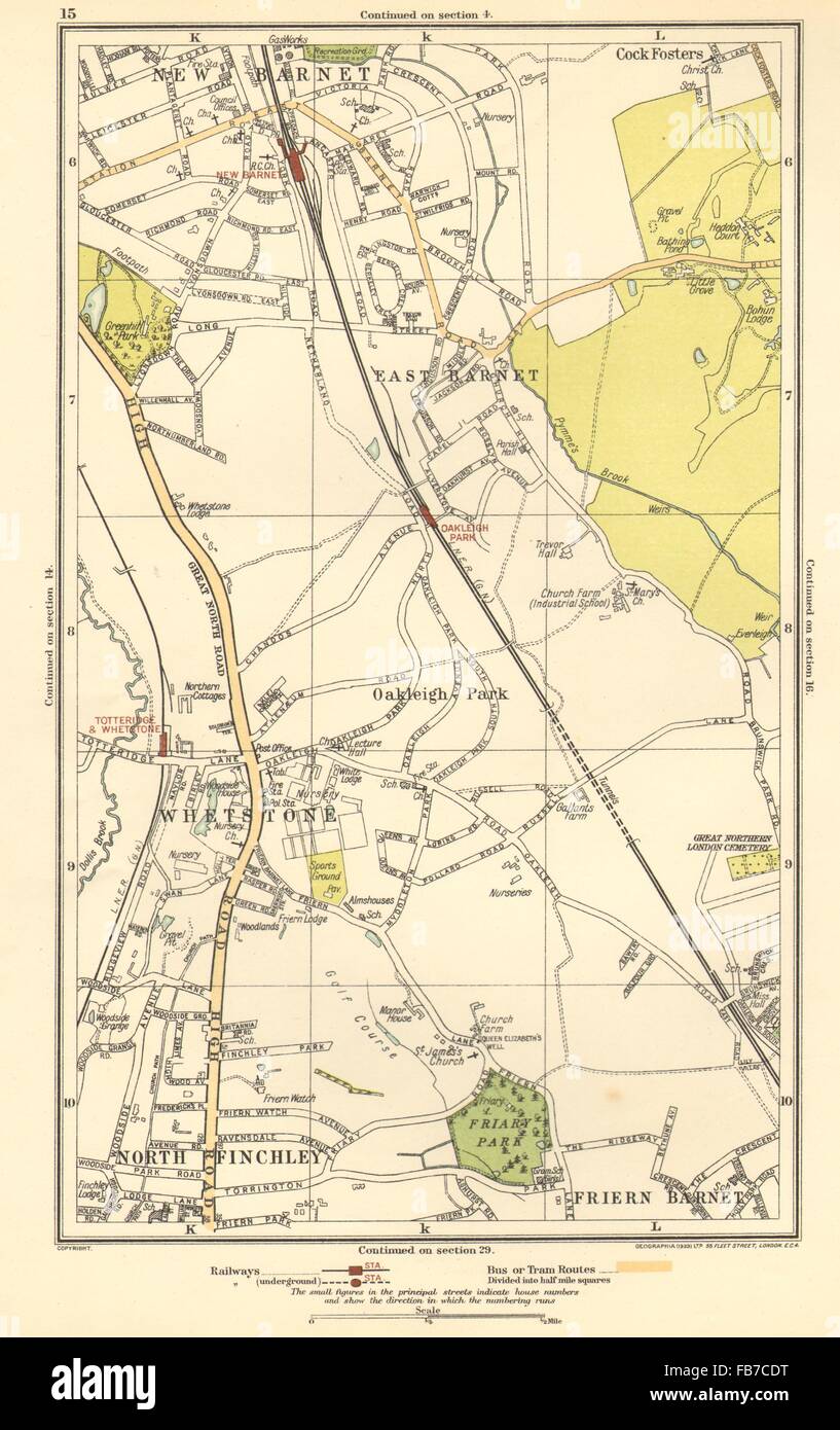 EAST BARNET: Friern Barnet;Whetstone, Finchley,Cockfosters,Totteridge, 1923 map Stock Photo