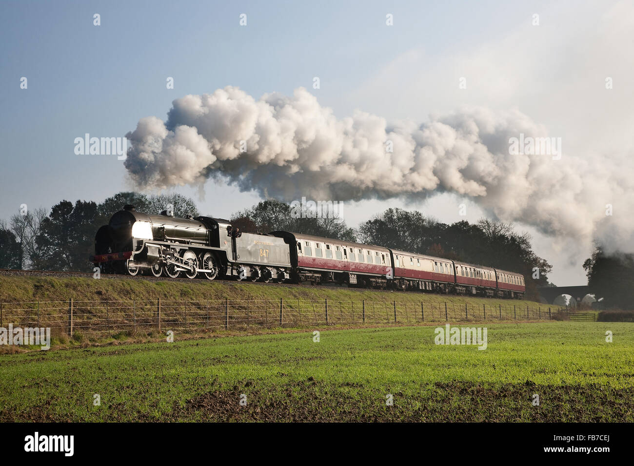 SR 4-6-0 S15 No. 847 approaches Horsted Keynes on the Bluebell Railway, West Sussex - November 1st 2015 Stock Photo