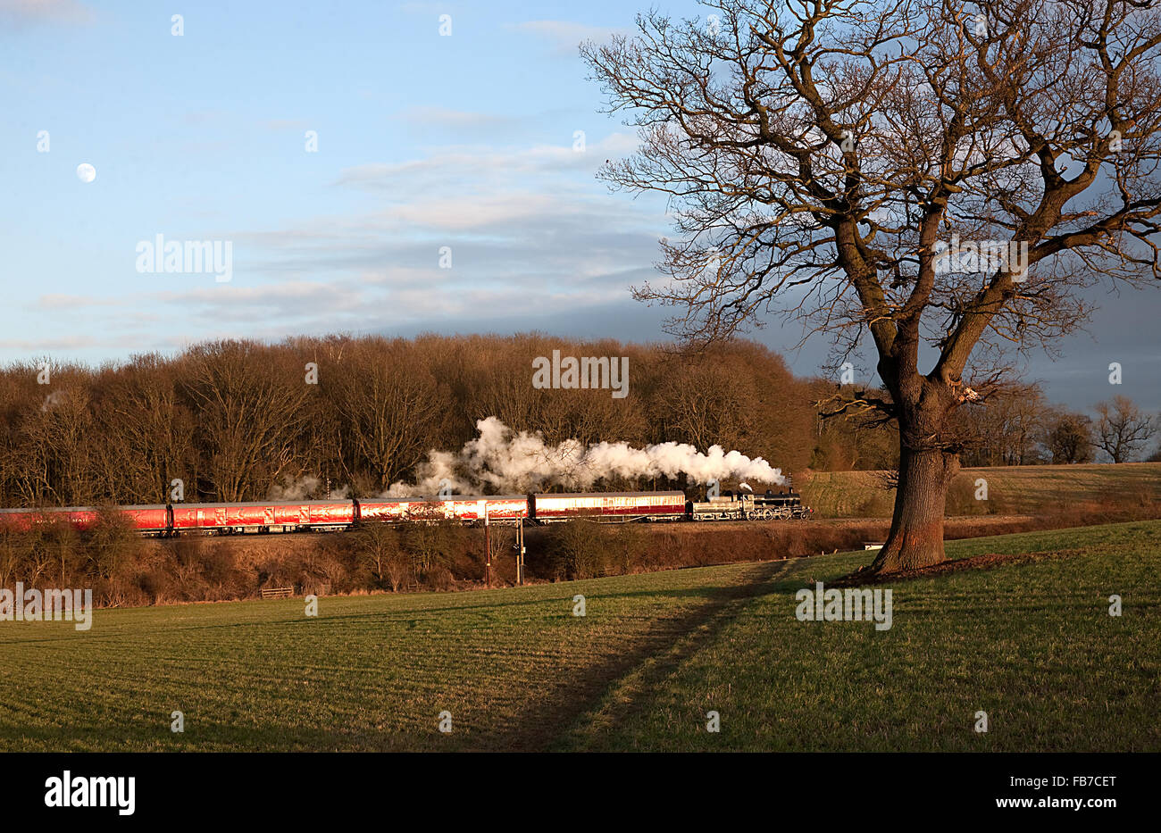 BR '2MT' 2-6-0 No.46521 passes Kinchley Lane with the TPO during the Great Central Railway's Winter Steam Gala - February 1st 20 Stock Photo