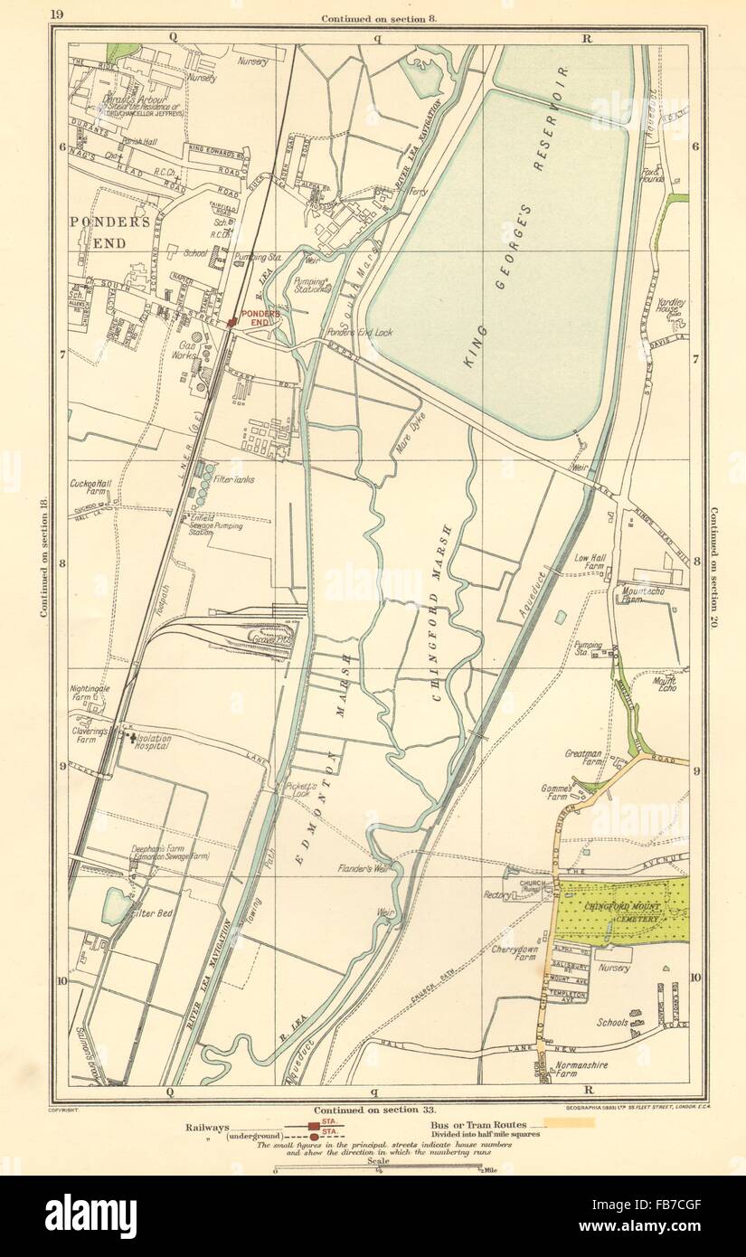 LONDON: Ponders End, Chingford Marsh, Edmonton Marsh, 1923 vintage map Stock Photo