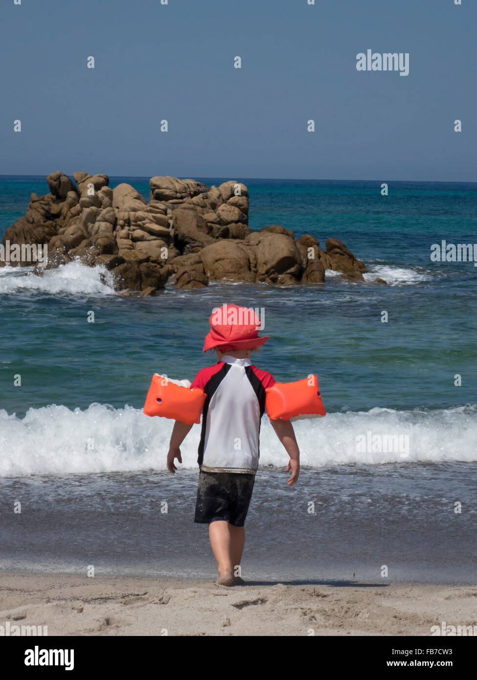 Rear view of boy wearing inflatable arm bands while walking towards sea Stock Photo