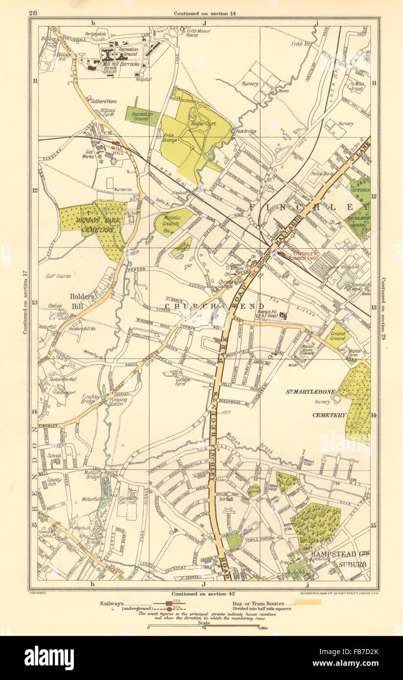 FINCHLEY: Church End, Hampstead Garden Suburb, Mill Hill, Hendon, 1923 old map Stock Photo