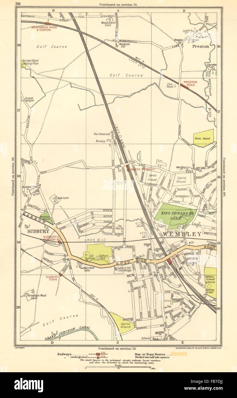 NORTH WEMBLEY: Preston Road, Sudbury, Northwick Park, Kenton, 1923 vintage map Stock Photo