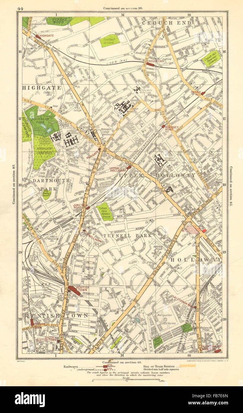 HOLLOWAY:Crouch End,Tufnell Park,Highgate,Kentish Town,Dartmouth Park, 1923 map Stock Photo