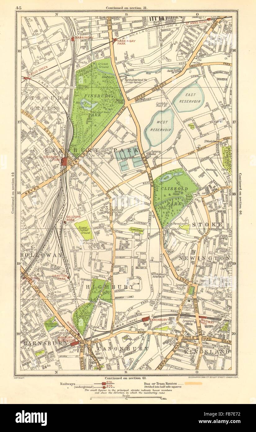 FINSBURY PARK: Barnsbury,Stoke Newington,Canonbury,Holloway,Highbury, 1923 map Stock Photo