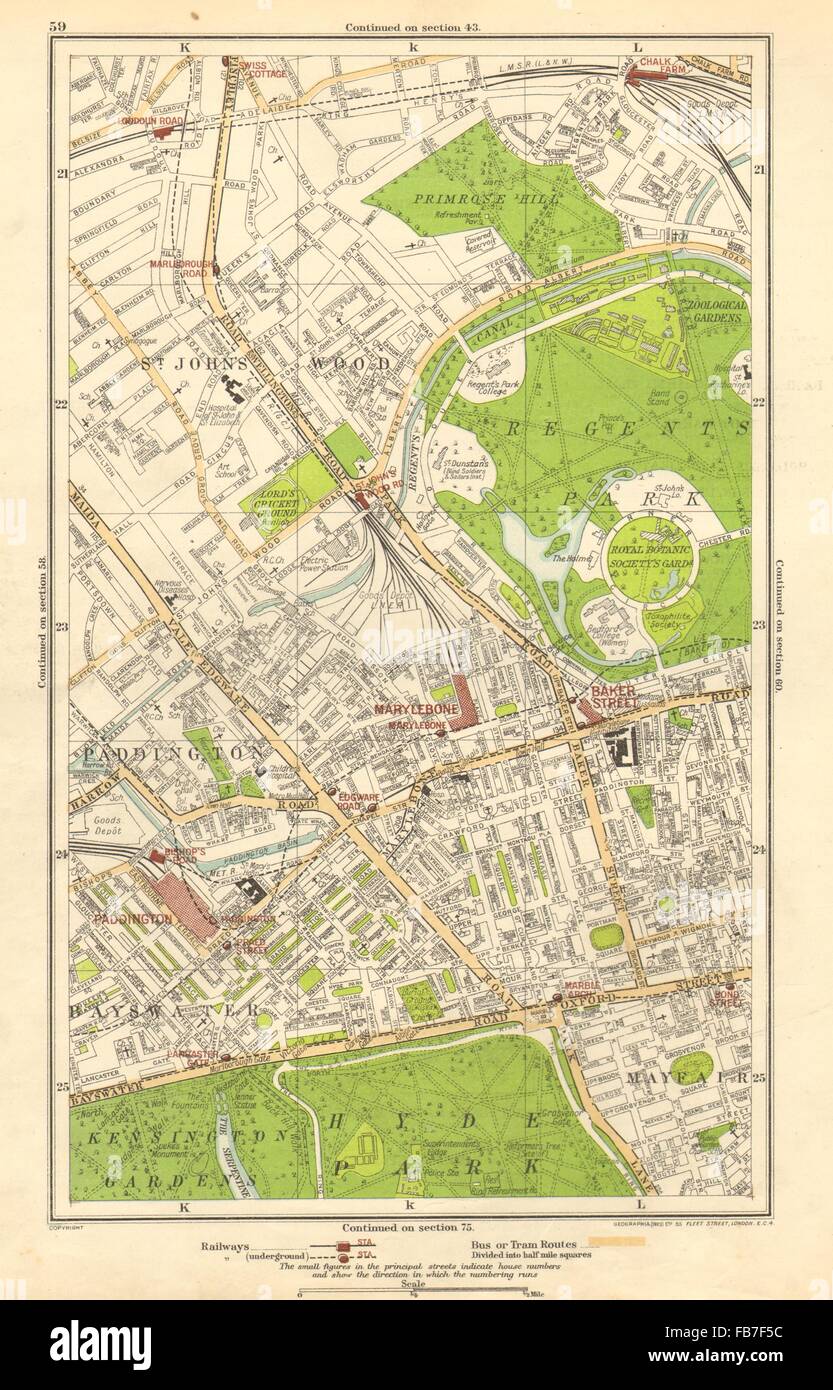 LONDON:Paddington,St John's Wood,Marylebone,Chalk Farm,Swiss Cottage, 1923 map Stock Photo