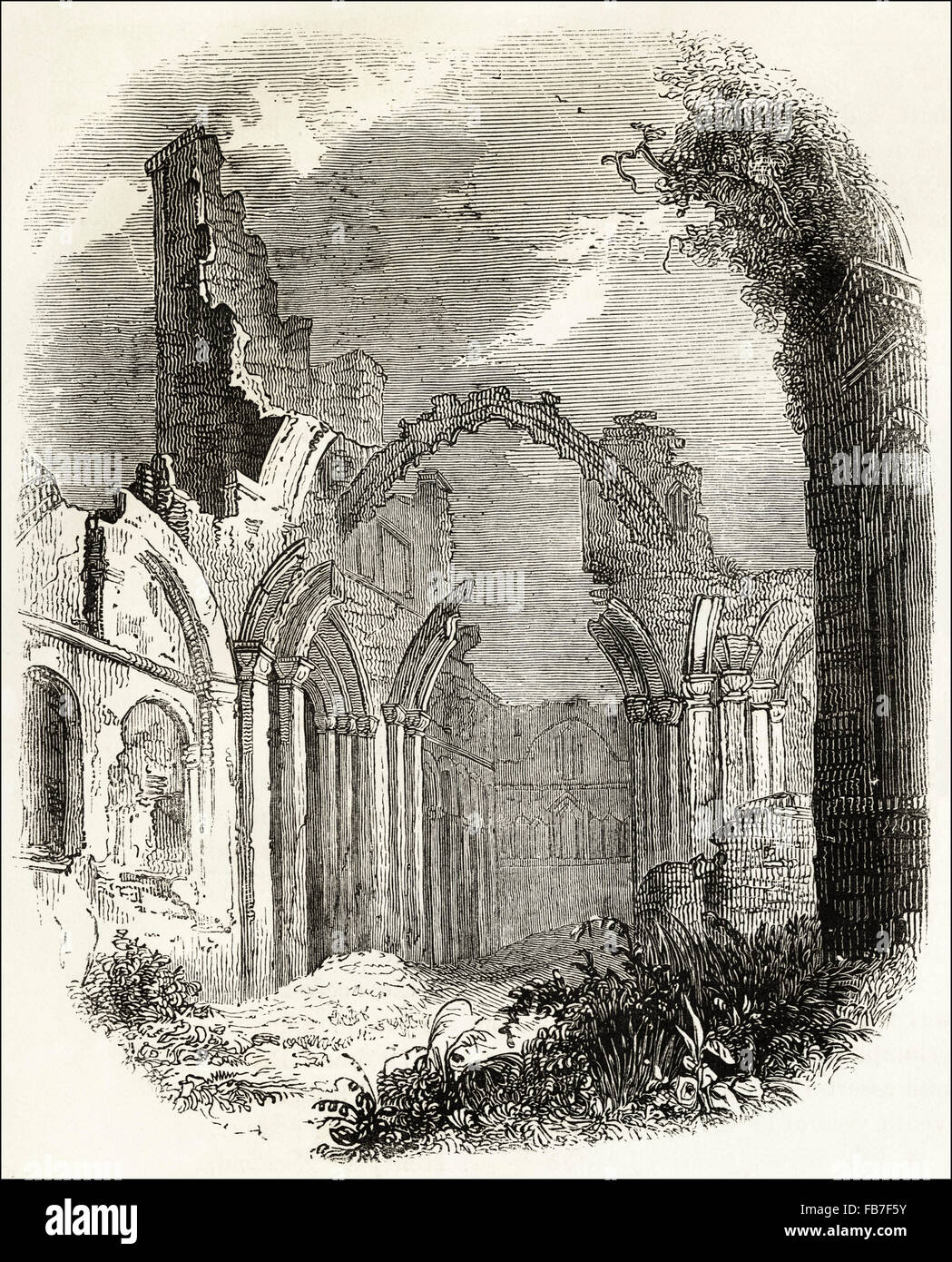 Ruins of the Priory of Lindisfarn. Victorian woodcut engraving circa ...